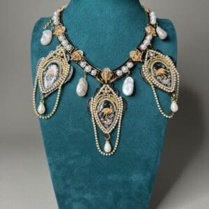 283 Art Deco Birds Cameos Pearl Statement Necklace