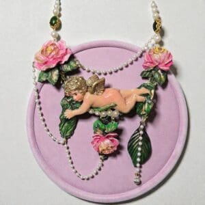 SOLD! 291 Baroque Sleeping Cherub Floral Hand Painted Necklace