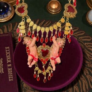 SOLD! 299 Baroque Red Cherubs Massive Sacred Hearts Statement Necklace