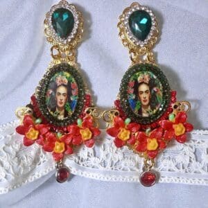 SOLD! 312 Frida Kahlo Red Flowers Cameo Earrings Studs