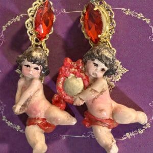 352 Baroque Red Ribbon Cherubs Musical Angels Earrings Studs