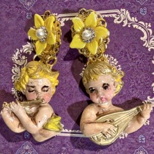 351Baroque Chubby Cherubs Musical Angels Yellow Flower Earrings Studs