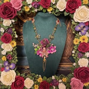 SOLD! 364 Frida Kahlo Cameo Floral Fuchsia Statement Necklace