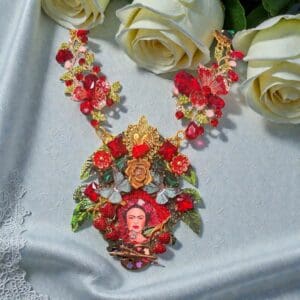 SOLD! 363 Frida Kahlo Cameo Floral Red Statement Necklace