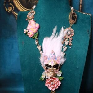 383 Venetian Mask Floral Feather Statement Art Deco Necklace