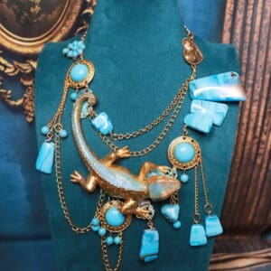 408 Baroque Turquoise Gold Tone Lizard Statement Necklace