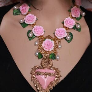 413 Baroque Sacred Heart Roses Statement Necklace