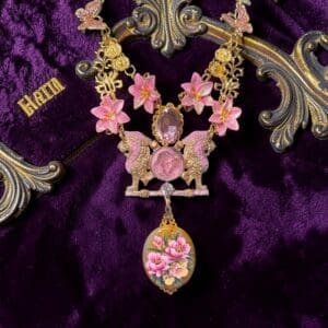 426 Art Jewelry Genuine Agate Hand Painted Lions Statement Necklace