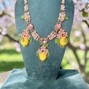 432 Sicilian Realistic 3 Lemons Bee Statement Necklace