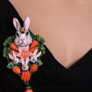 450 Adorable Hand Painted Rabbit Bunny Carrots Brooch Pin
