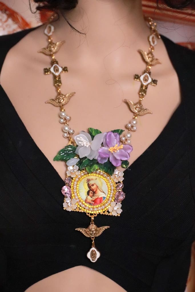 466 Virgin Mary Madonna Icon Church Religious Statement Necklace - Image 8