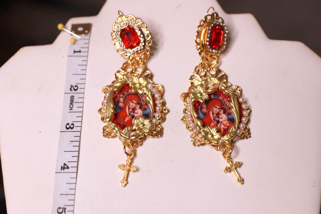 499 Virgin Mary Icon Red Studs Earrings - Image 8