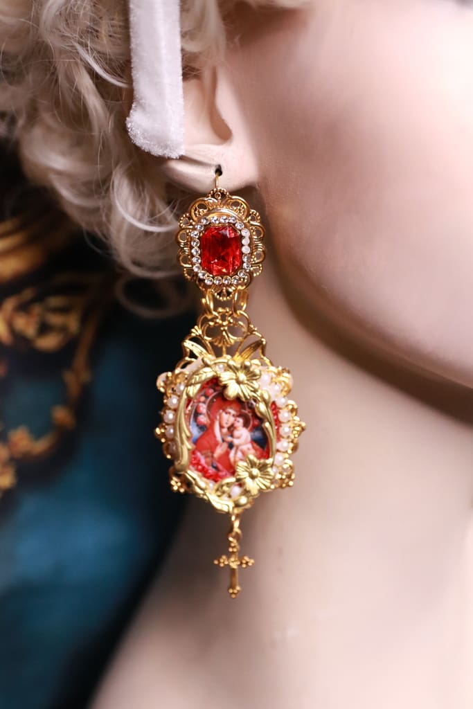 499 Virgin Mary Icon Red Studs Earrings - Image 5