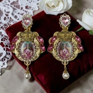 487 Marie Antoinette Crown Cameo Statement Earrings Studs