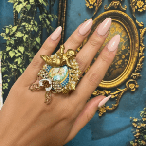 494 Marie Antoinette Fan Cameo Cherub Aqua Adjustable Ring
