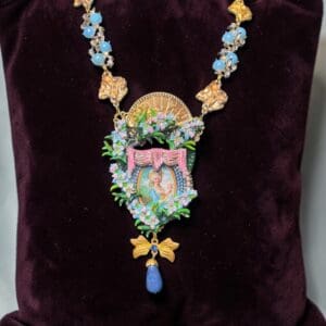 496 Marie Antoinette Fan Cameo Aqua Fan Statement Necklace