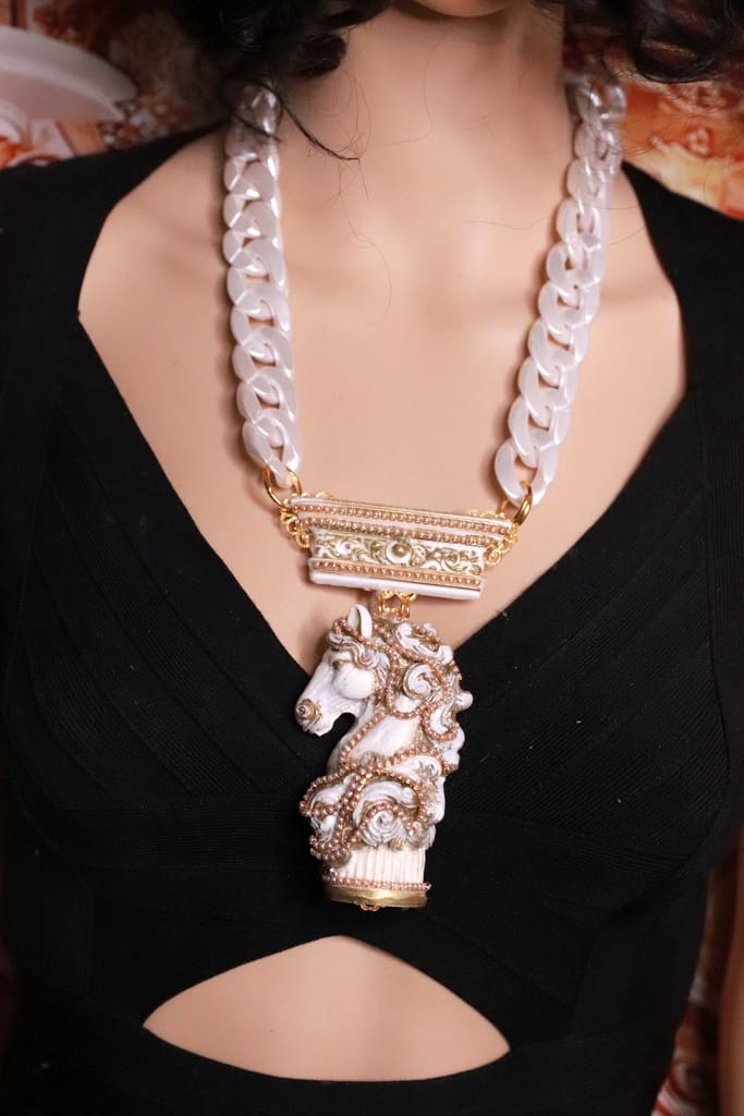 528 Baroque white Chess Knight Statement Necklace - Image 9