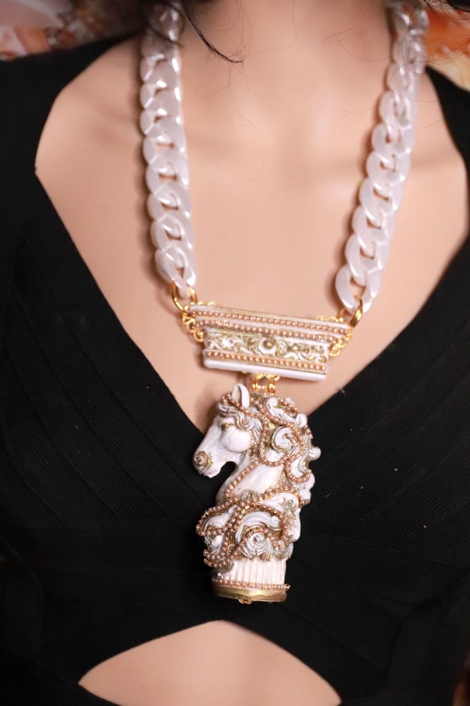 528 Baroque white Chess Knight Statement Necklace - Image 11