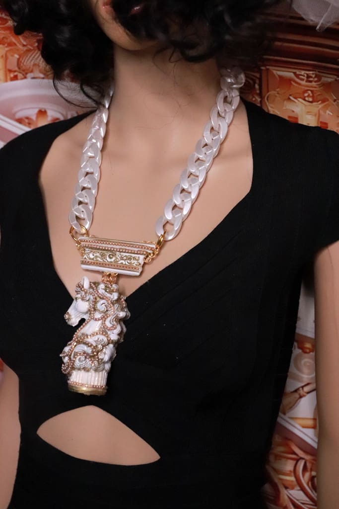 528 Baroque white Chess Knight Statement Necklace - Image 7