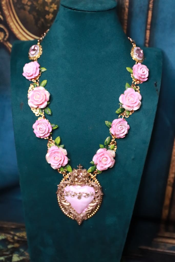 532 Baroque Sacred Heart Roses Statement Necklace - Image 13