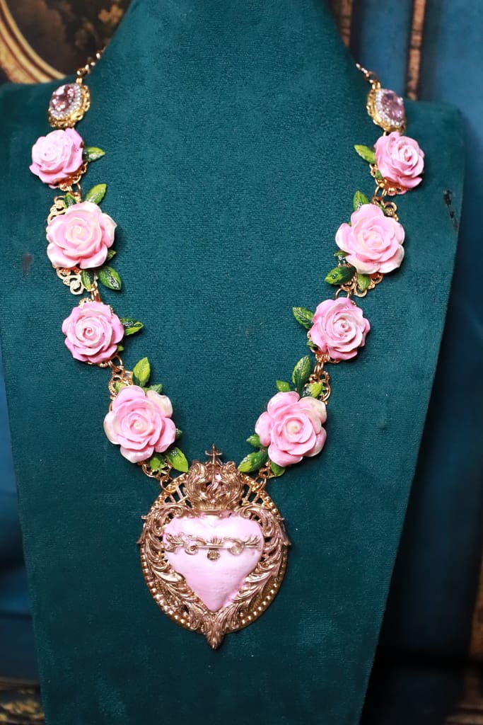 532 Baroque Sacred Heart Roses Statement Necklace - Image 12