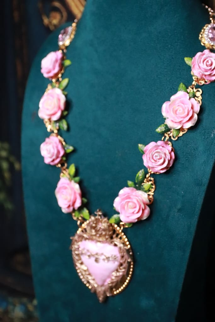 532 Baroque Sacred Heart Roses Statement Necklace - Image 11