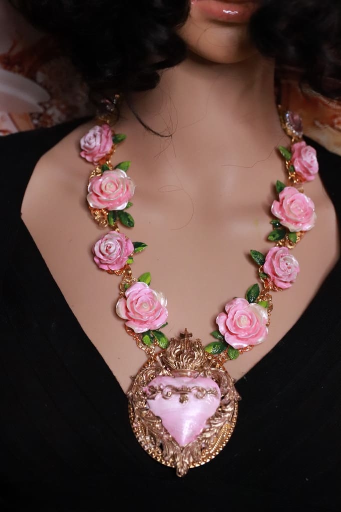 532 Baroque Sacred Heart Roses Statement Necklace - Image 8