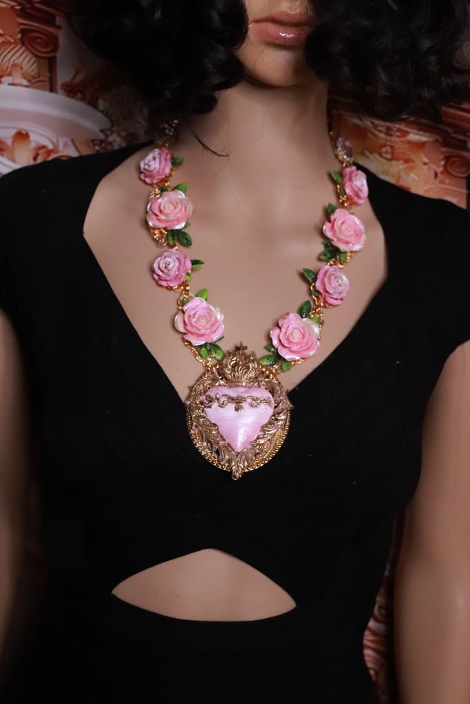 532 Baroque Sacred Heart Roses Statement Necklace - Image 9