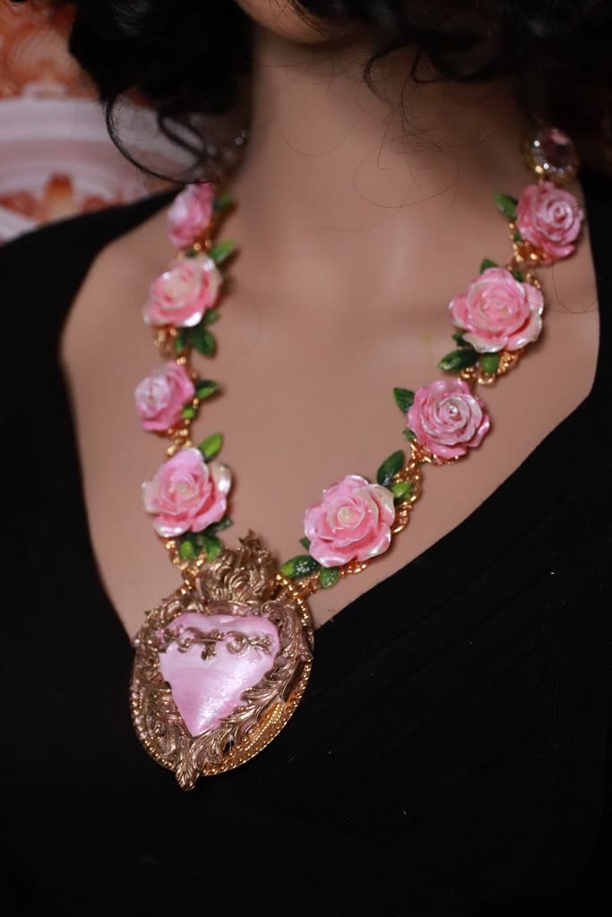 532 Baroque Sacred Heart Roses Statement Necklace - Image 7