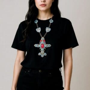 526 Cowboy Faux Turquoise Huge Cross Necklace