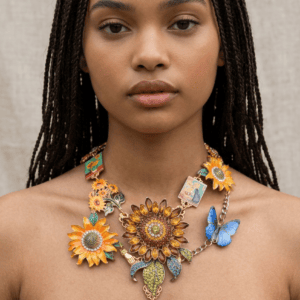 525 Van Gogh Tribute Sunflowers Massive Statement Enamel Necklace