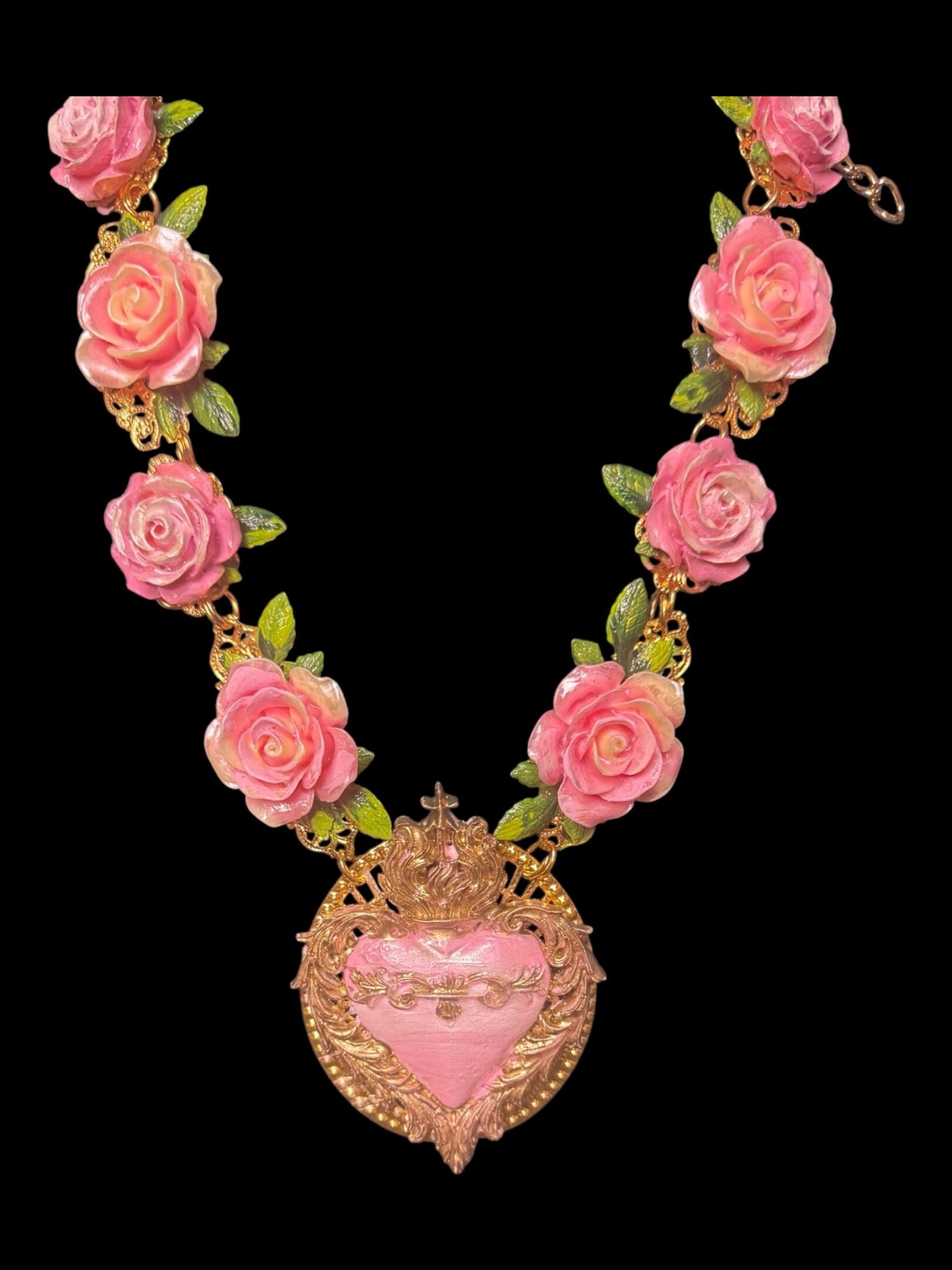 532 Baroque Sacred Heart Roses Statement Necklace - Image 2