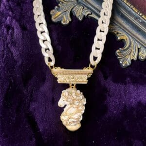 528 Baroque white Chess Knight Statement Necklace