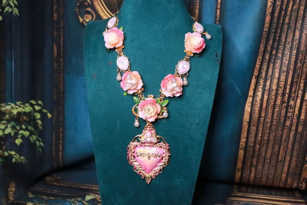 543 Baroque Sacred Heart Roses Bee Statement Necklace - Image 11