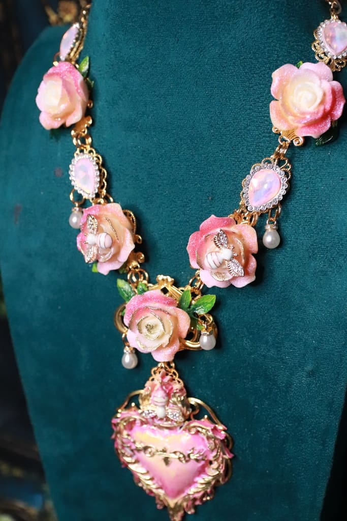 543 Baroque Sacred Heart Roses Bee Statement Necklace - Image 10