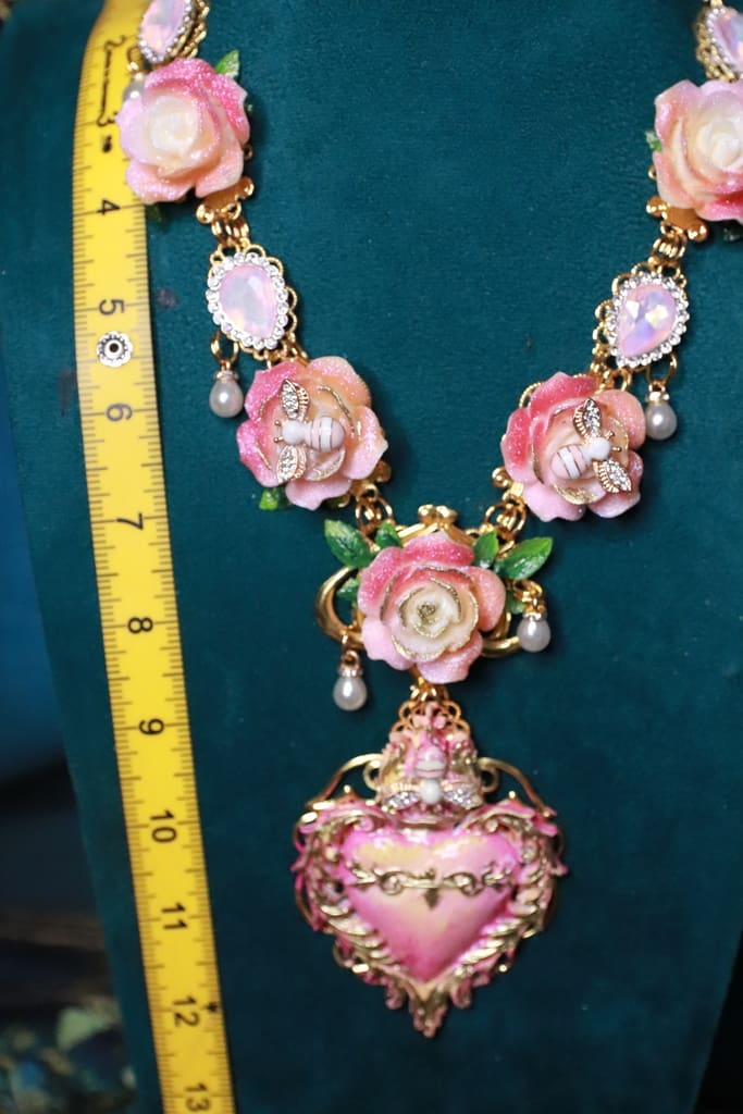 543 Baroque Sacred Heart Roses Bee Statement Necklace - Image 9