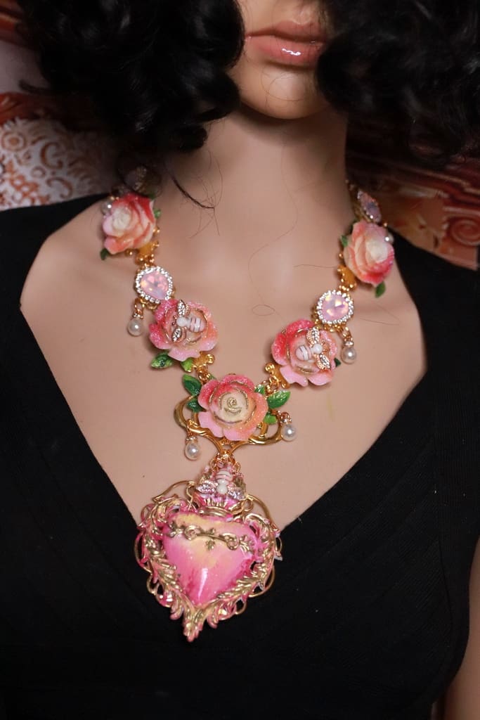 543 Baroque Sacred Heart Roses Bee Statement Necklace - Image 6