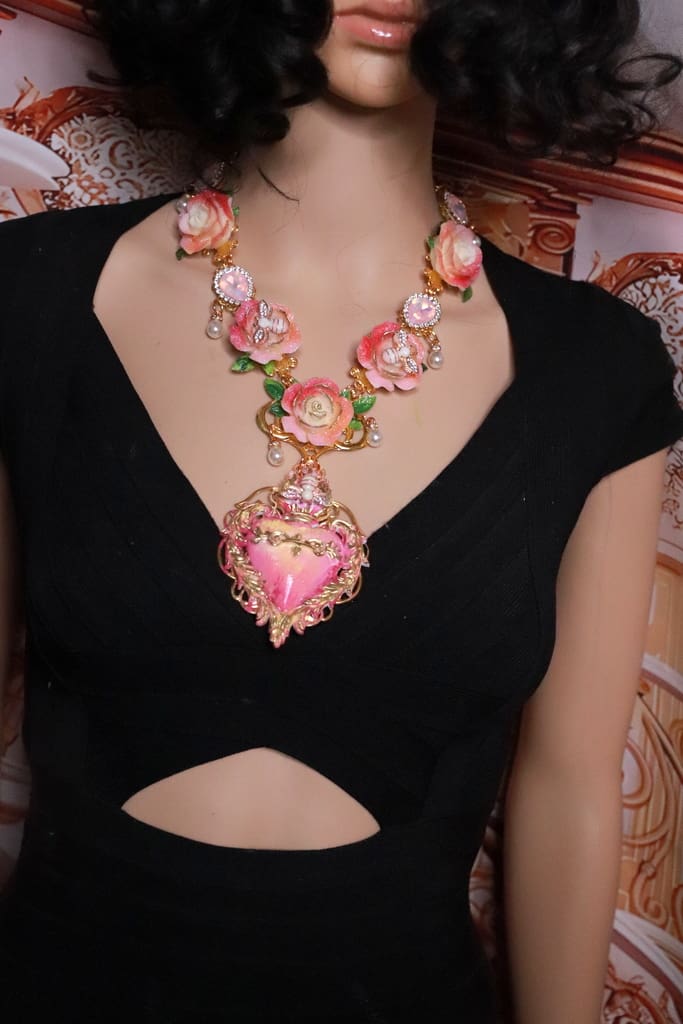 543 Baroque Sacred Heart Roses Bee Statement Necklace - Image 7