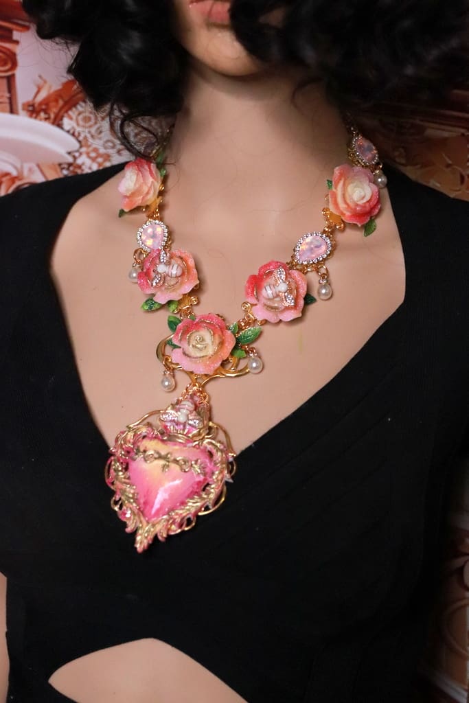543 Baroque Sacred Heart Roses Bee Statement Necklace - Image 8