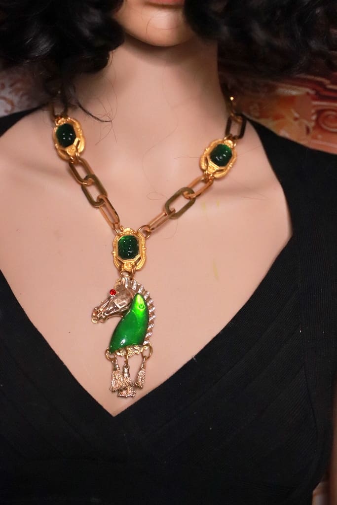544 Baroque Green Crystal Horse Pendant Necklace - Image 6