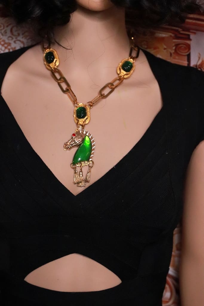 544 Baroque Green Crystal Horse Pendant Necklace - Image 10