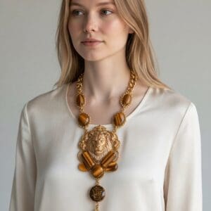 536 Unisex Genuine Tiger's Eye Lion Statement Necklace