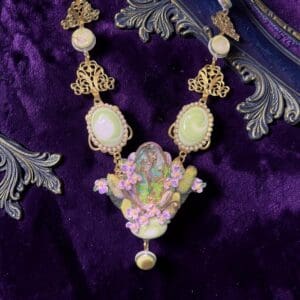 539 Victorian Fairy Hand-painted Genuine Green Opal Statement Necklace