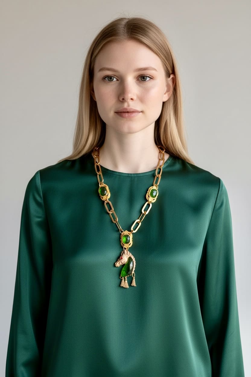 544 Baroque Green Crystal Horse Pendant Necklace