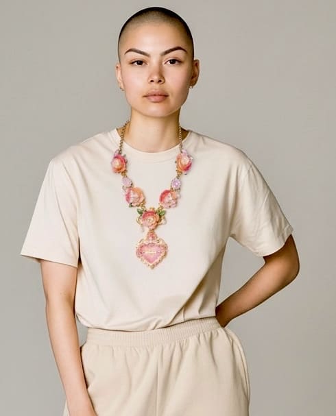 543 Baroque Sacred Heart Roses Bee Statement Necklace - Image 5