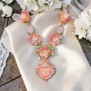 543 Baroque Sacred Heart Roses Bee Statement Necklace
