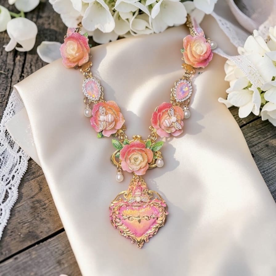543 Baroque Sacred Heart Roses Bee Statement Necklace