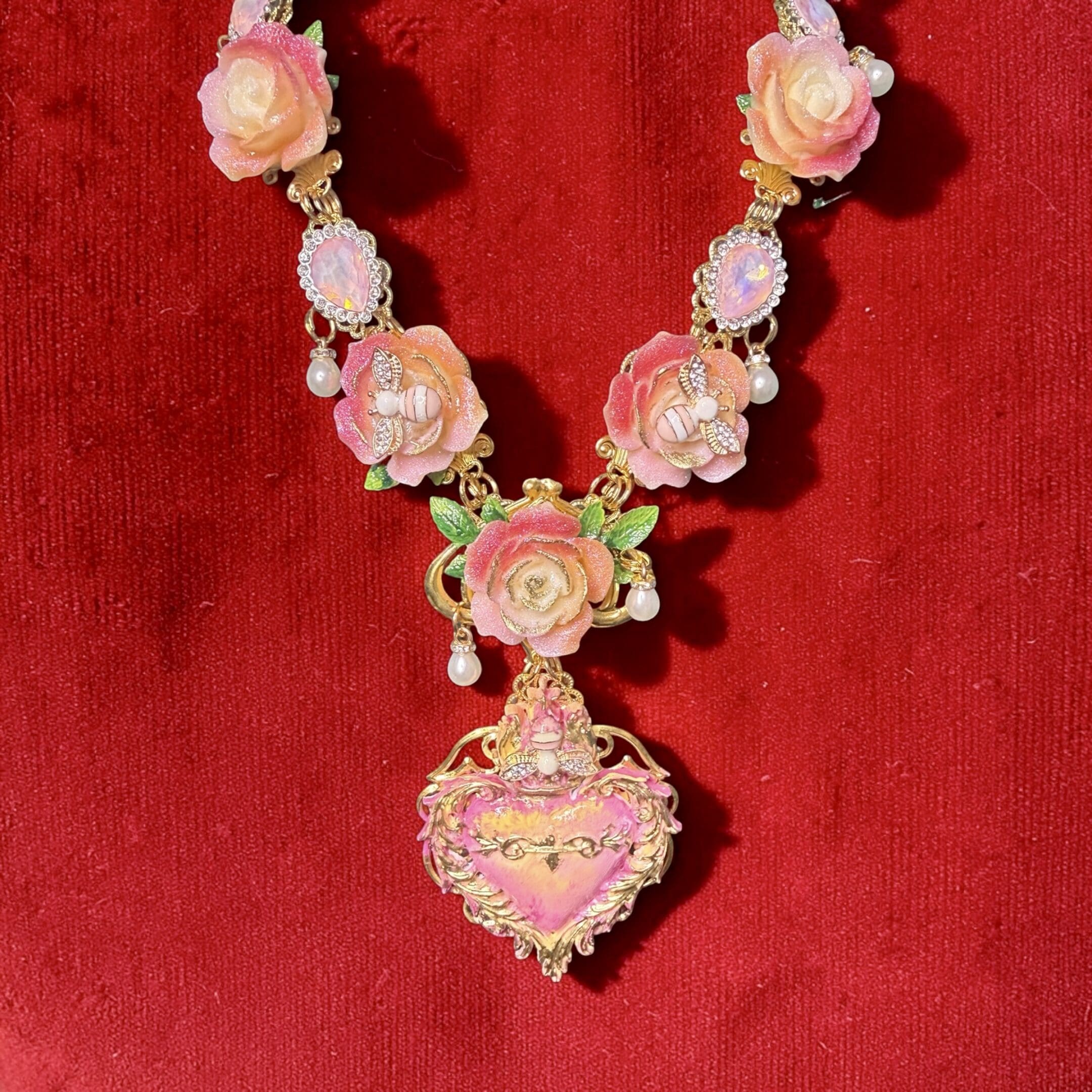 543 Baroque Sacred Heart Roses Bee Statement Necklace - Image 2