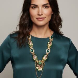 555 Roman Style Cameo 3D Effect Green Statement Necklace