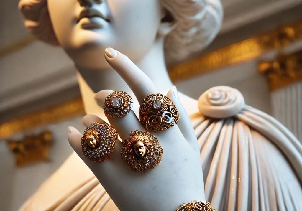 IMG_2945 A statue of a woman with gold jewelry on her hand.